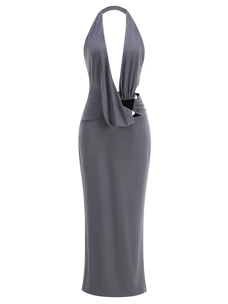 Halter Neck Maxi Dress – Sequined Ruched Backless – Polyester – Grey | KIMLUD