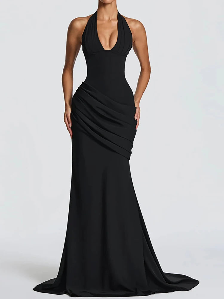 Patchwork Maxi Dress – Halter Backless – Polyester | KIMLUD