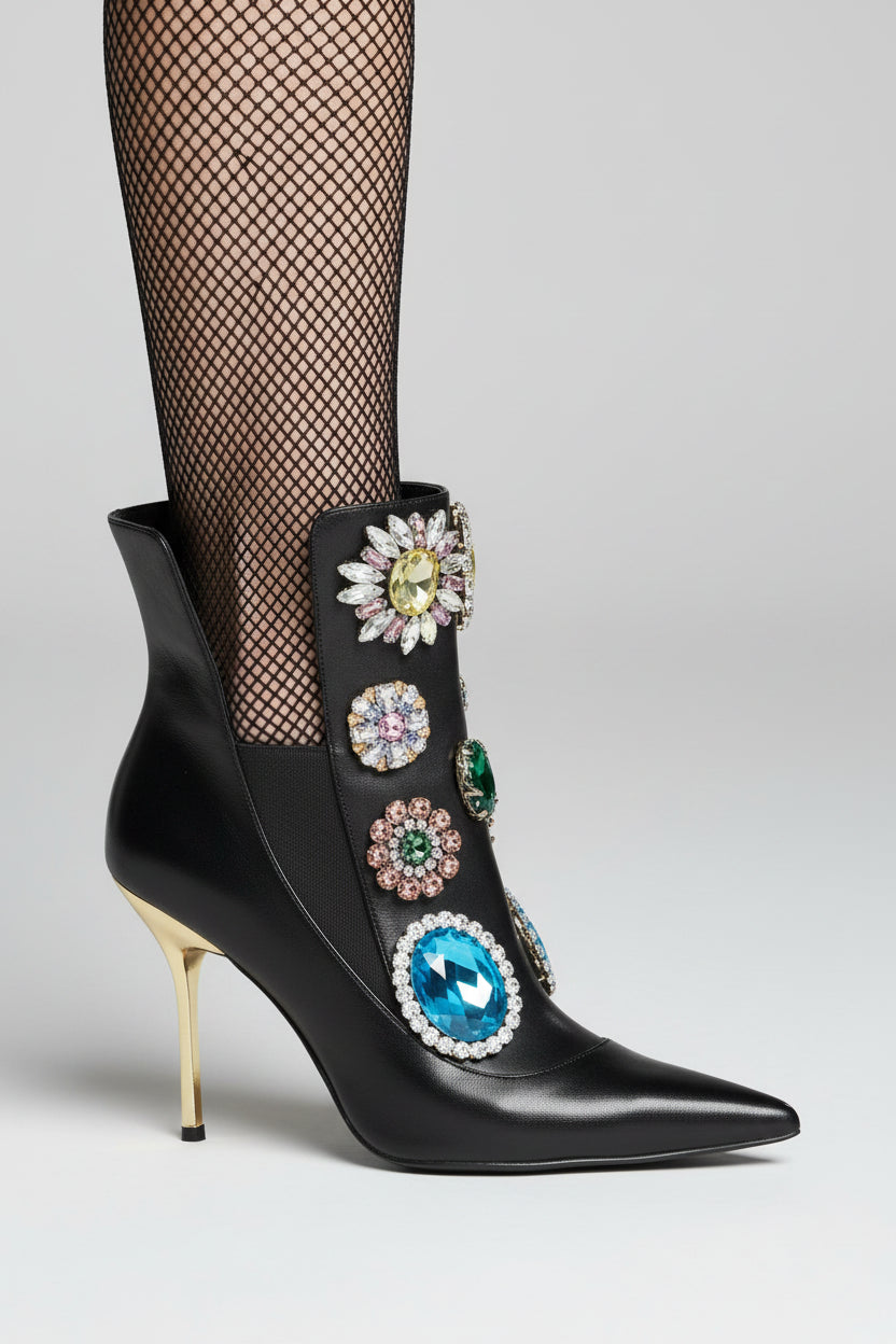 Crystal Flower Boots Pointed Toe Runway Slip-On — Black | KIMLUD