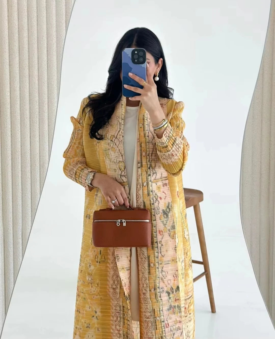 Miyake Fold 2025 Spring New Big Lapel Lace-up Cardigan Long Coat Abaya National Style Printed Long Cape Coat