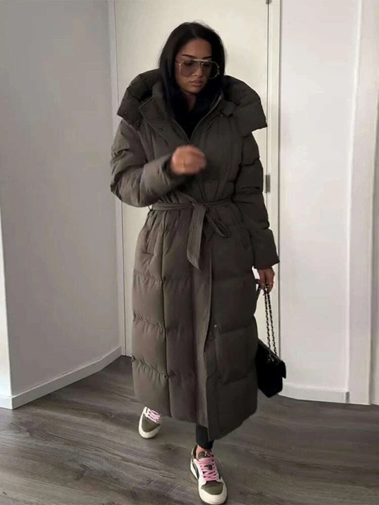 Hooded Lace up Long Jacket Woman Solid Color Zipper Long Sleeve Loose Coats Versatile Warm Minimalist Women's New Winter Jackets