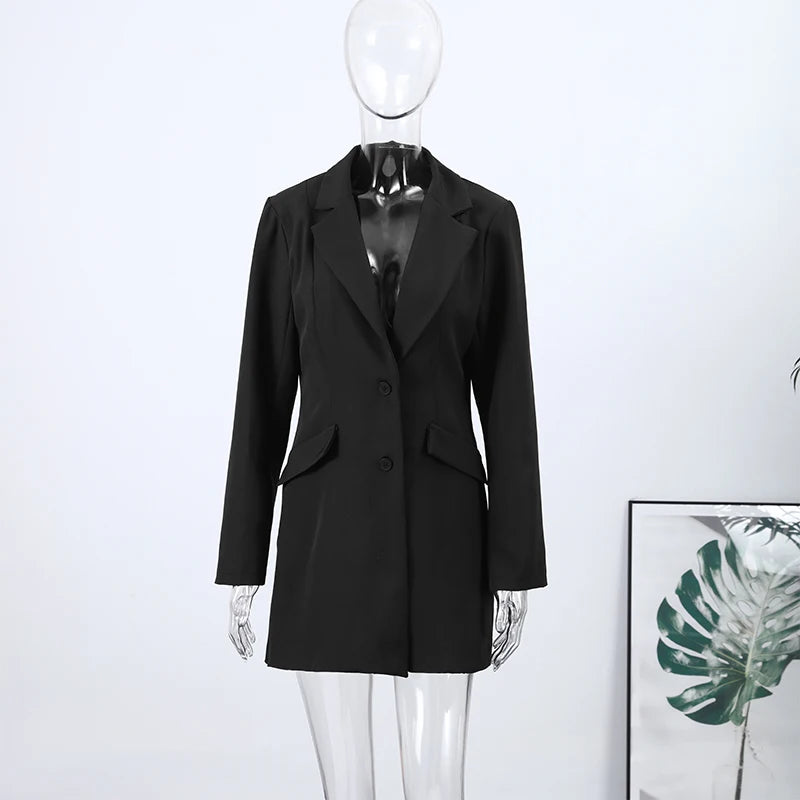 Fashion Lapel Single Breasted Suit Mini Dress Women Solid Full Sleeve Pad Shoulder Waist-cinching Short Robes Lady Chic Dresses