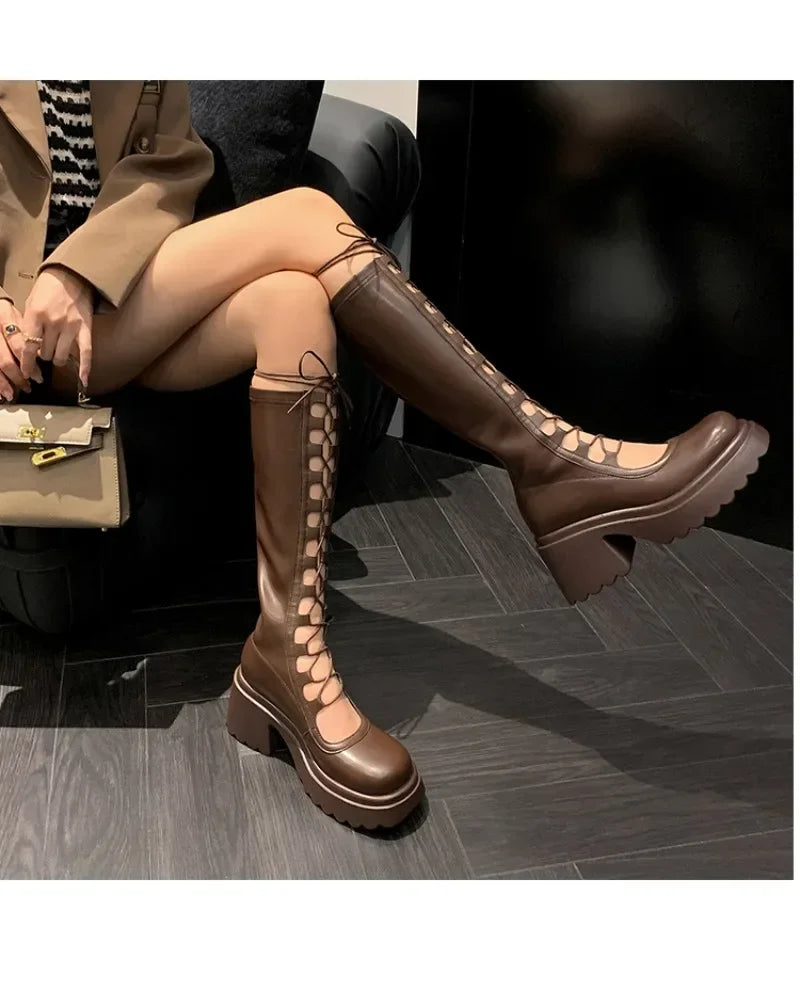 2024 Summer New Female Breathable Hollowed Out Mesh Boots Genuine Leather High Knight Boots Knee High Heels Show Thin Cool Boots