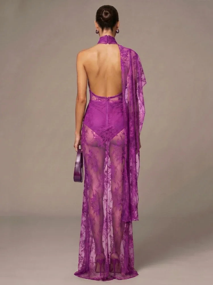 Dresses – Backless High Neck Lace See-Through – Slim Silhouette – Black | KIMLUD