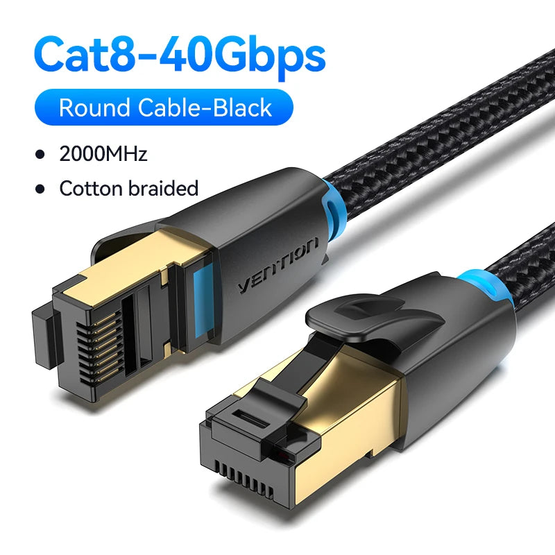 Satin Cotton-Braided Ethernet Cable Cat8 40Gbps 2000MHz — Black | KIMLUD