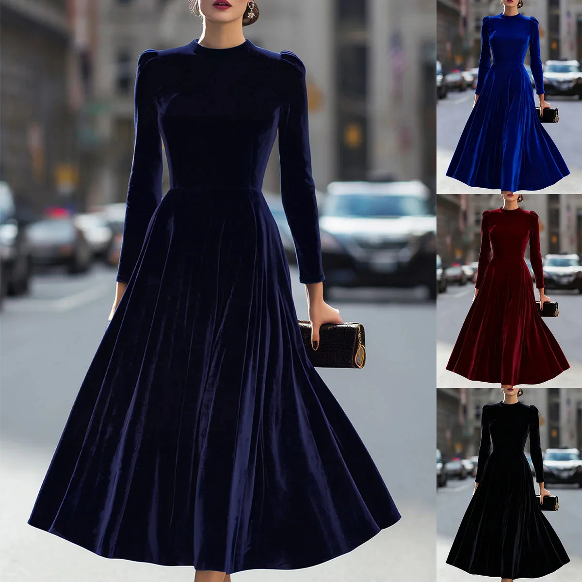 Velvet Dress Long Sleeve Round-Neck Midi — Navy | KIMLUD