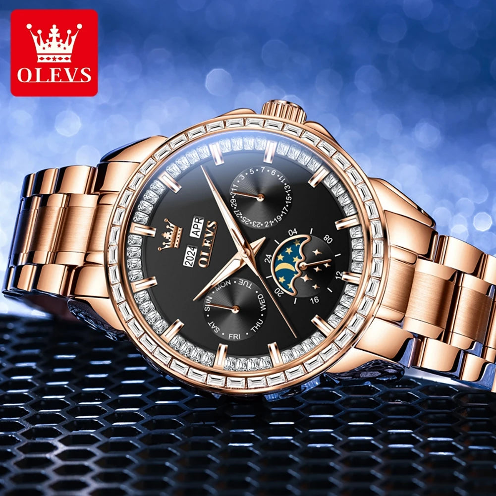 Rose-Gold Moon Phase Diamond Bezel Watch — Black | KIMLUD