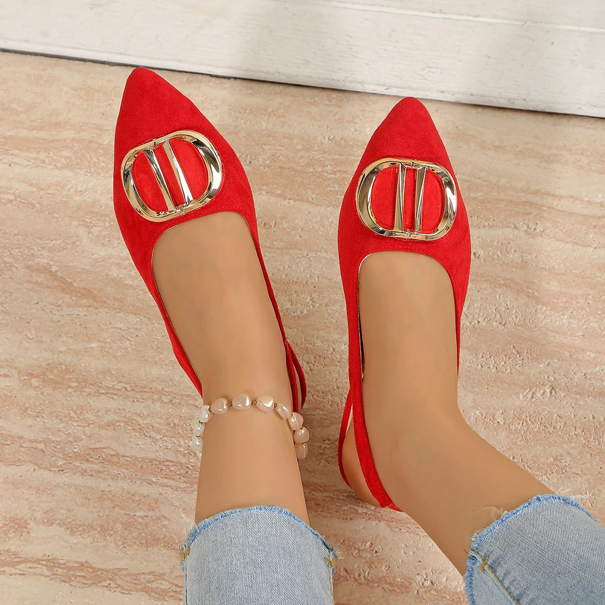 Flat Shoes – Pointed Toe – Metal Accents – Back Strap Buckle | KIMLUD