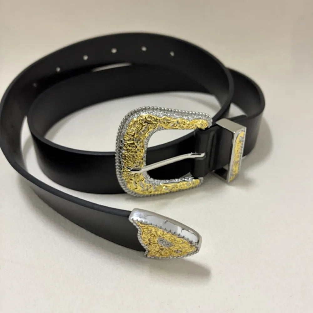 PU Leather Belt With Antique Gold Engraved Buckle — Black | KIMLUD