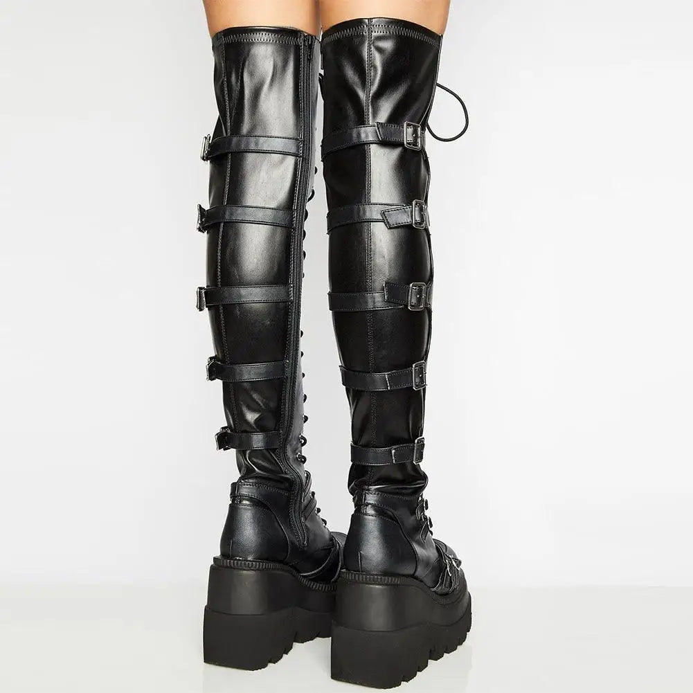 Over-the-Knee Boots – Gothic Wedge Platform – PU | KIMLUD