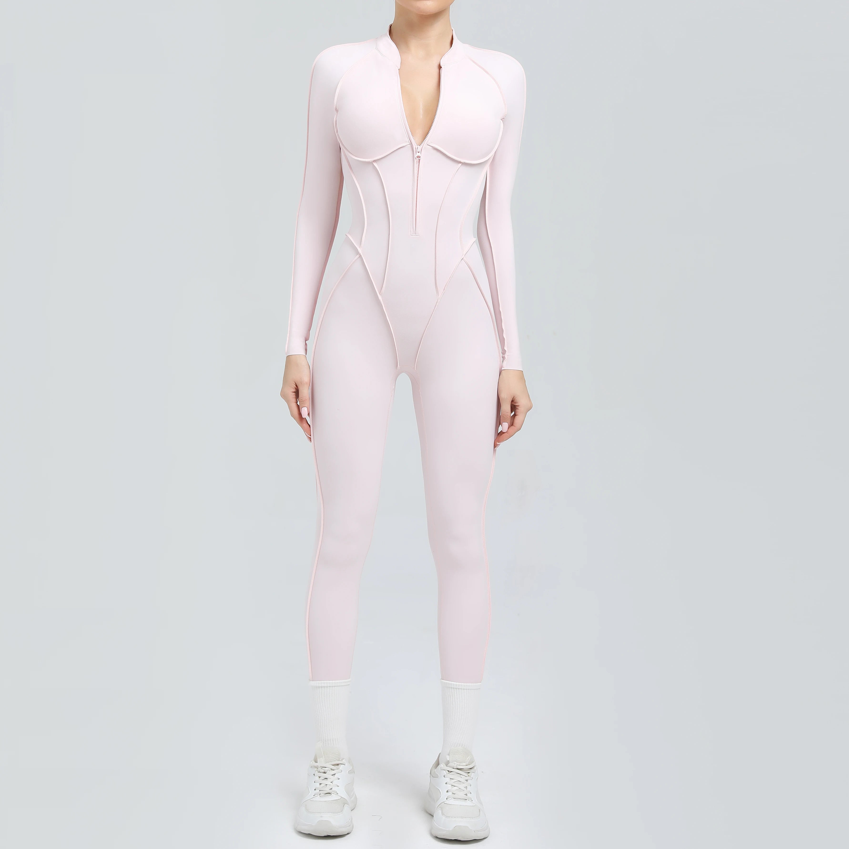 Padded Women Long Sleeve Sport Yoga Jumpsuit Workout Clothes for Women Sportwear Backless Zipper Fitness Gym Outfit