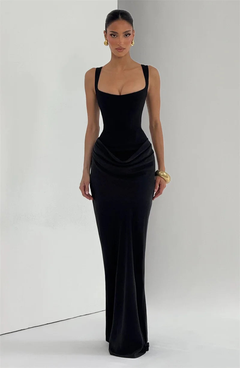 Backless Maxi Dress With Square Collar — Burgundy | KIMLUD