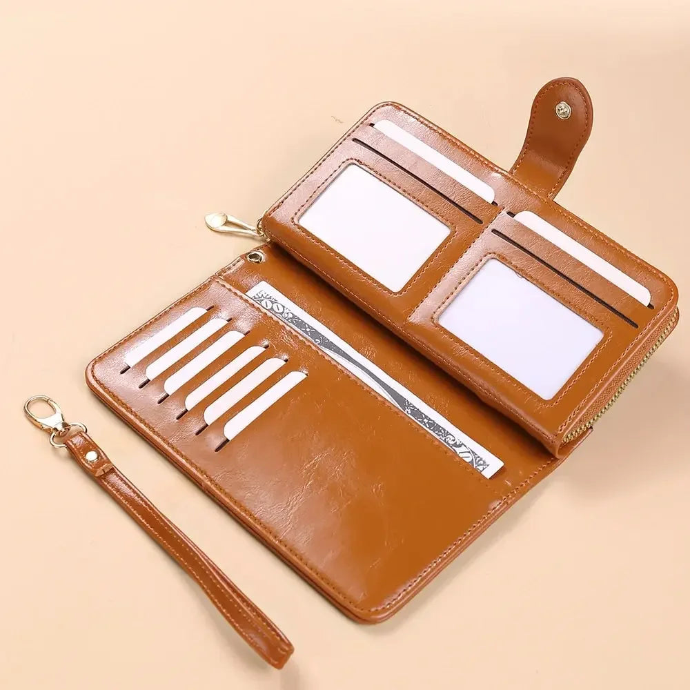 Oil-Wax PU Leather Clutch Wallet Large Capacity Phone Purse — Burgundy | KIMLUD