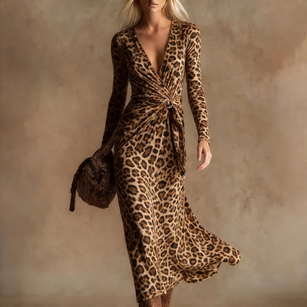 Leopard Print Maxi Dress – Twist Front – Polyester – Leopard | KIMLUD