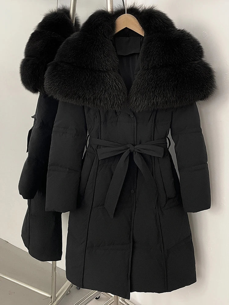 Long Real Fox Fur Collar Down Coat — Natural | KIMLUD