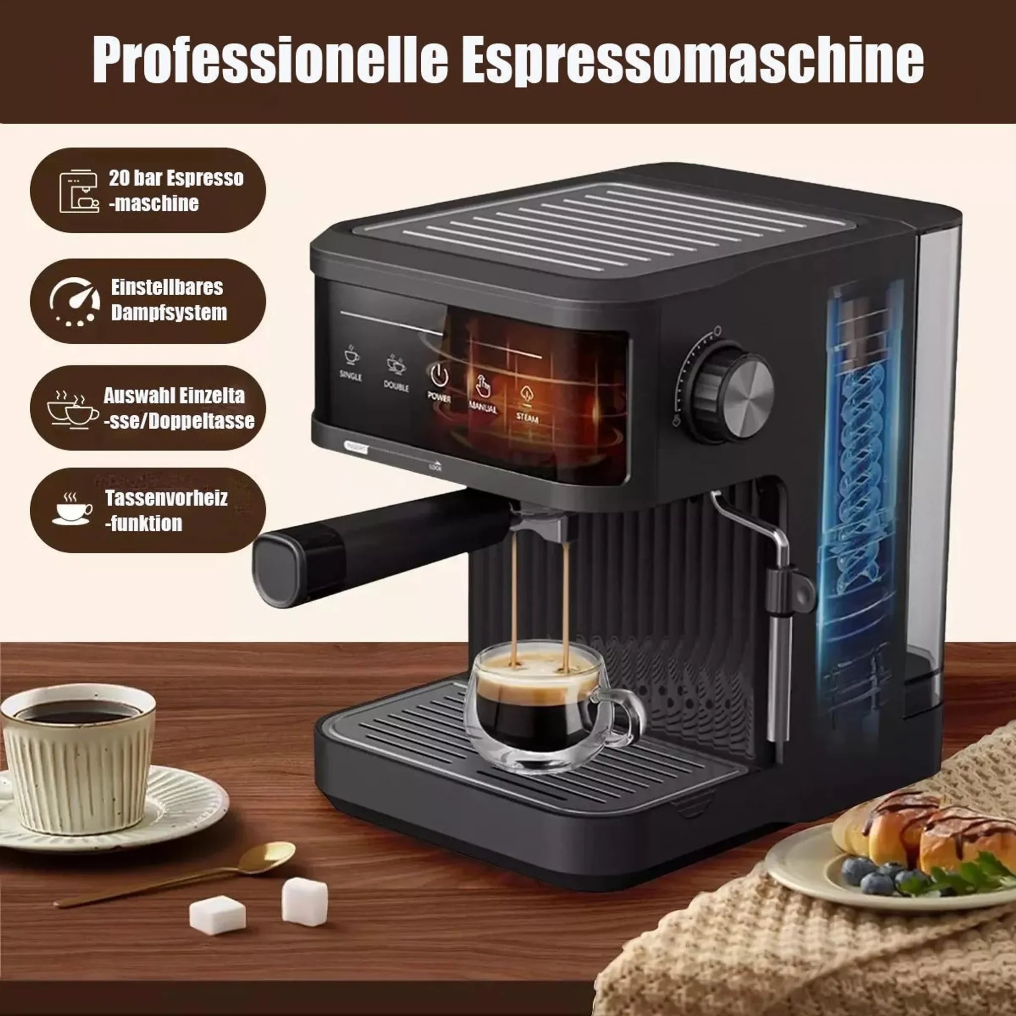 Espresso Machine – 20 Bar Pressure – Black | KIMLUD
