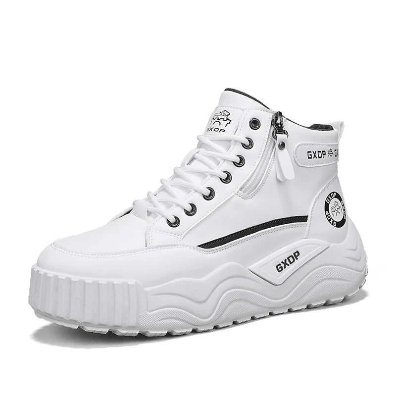 Men's High Top Leather Sneakers Thick Soled for Height Increase Slip Resistant and Wear Resistant Versatile Casual Sports Shoes