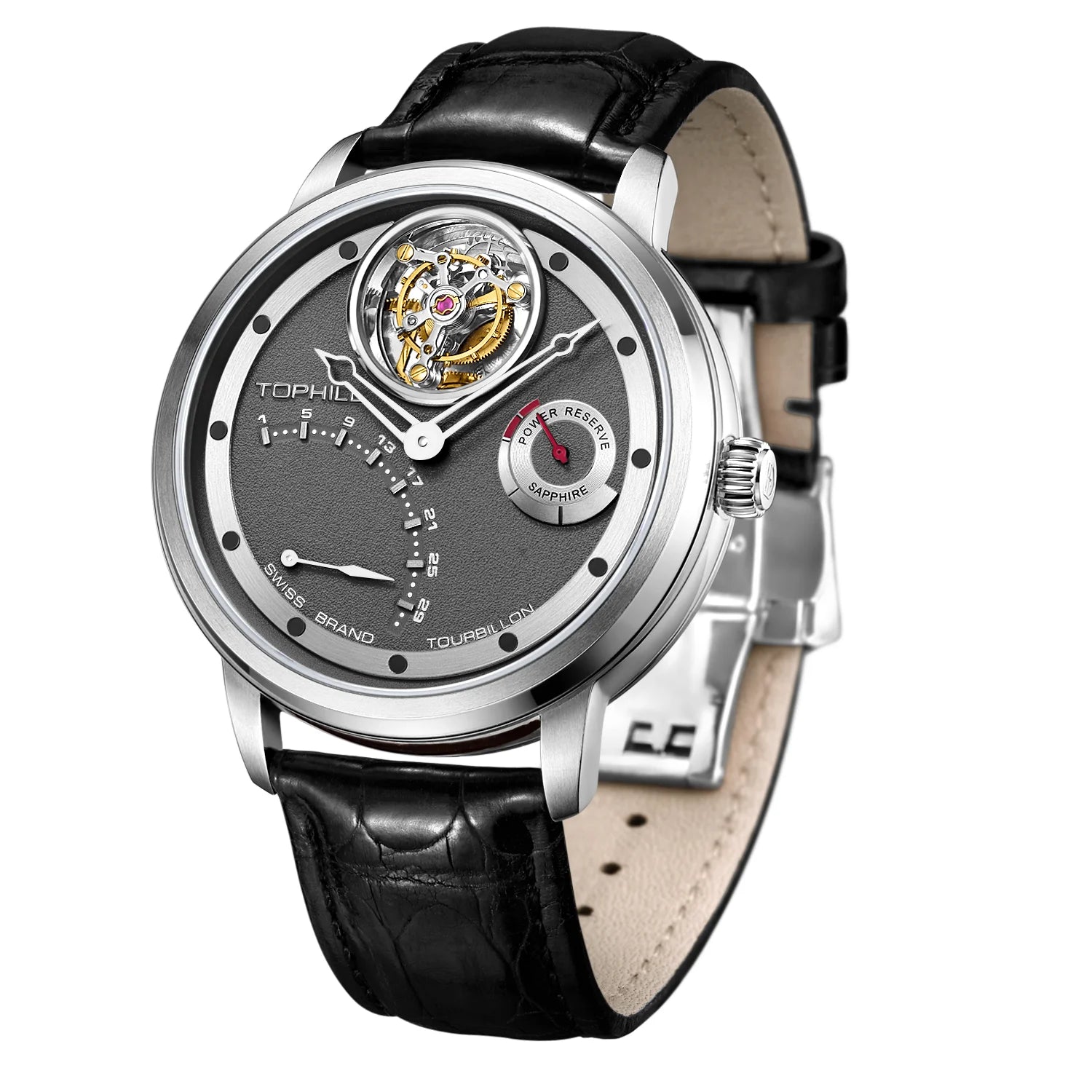 Tourbillon Wristwatch Rose-Gold Tone Case Leather Strap — Burgundy | KIMLUD