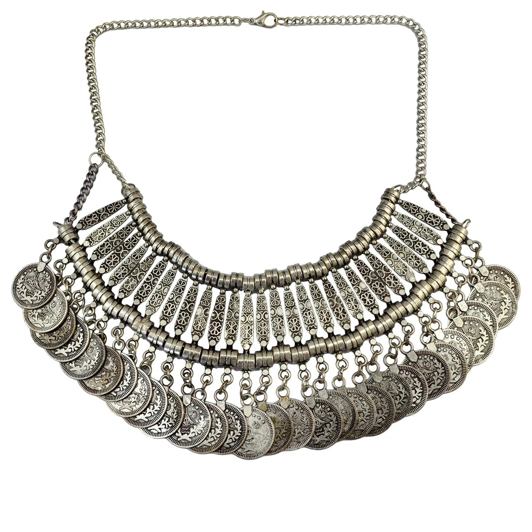 Afghan Bohemian Jewelry Set – Coin Tassel Necklace Earrings – Gold & Silver | KIMLUD