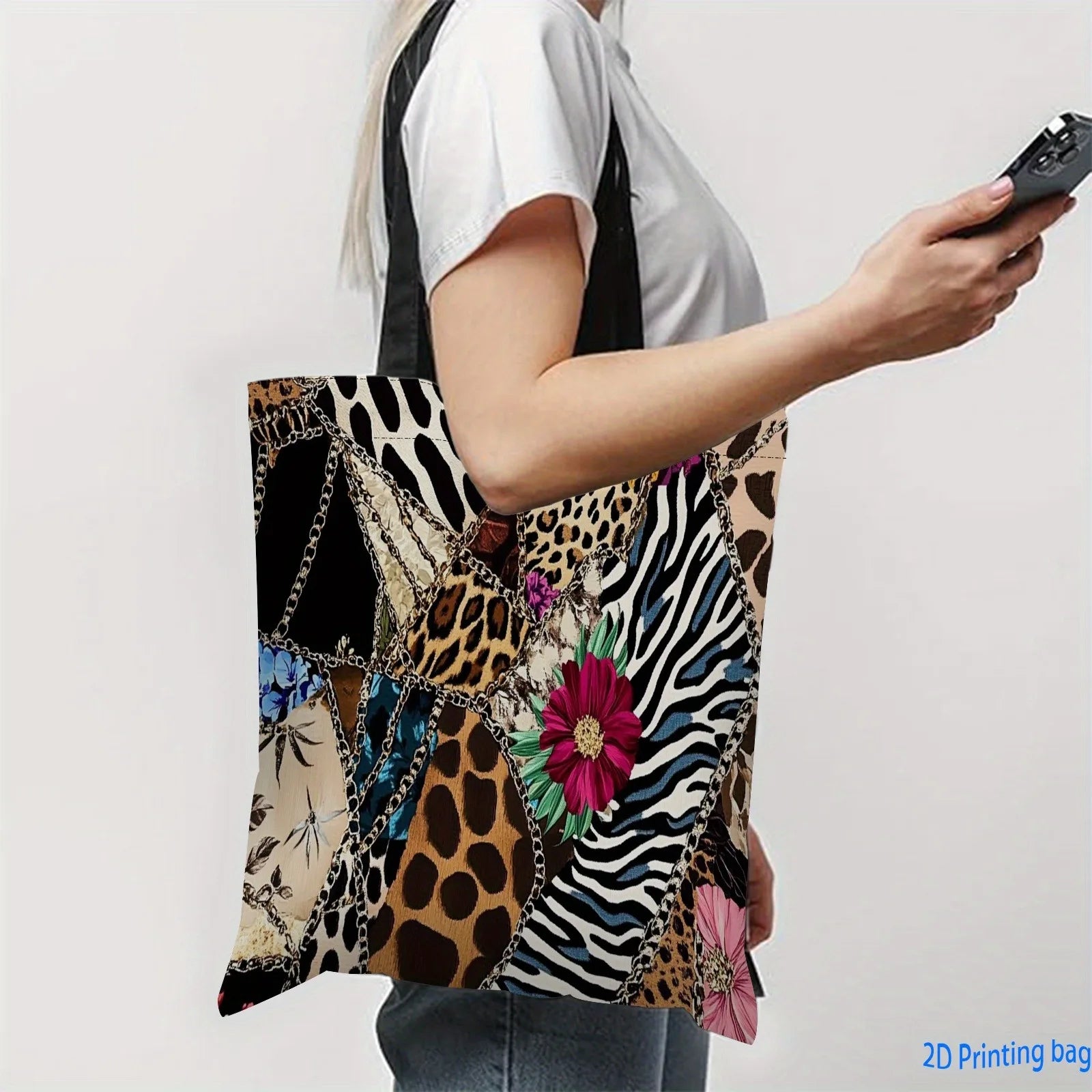 Shopping Bags Durable Polyester Gold Chain — Leopard Print | KIMLUD
