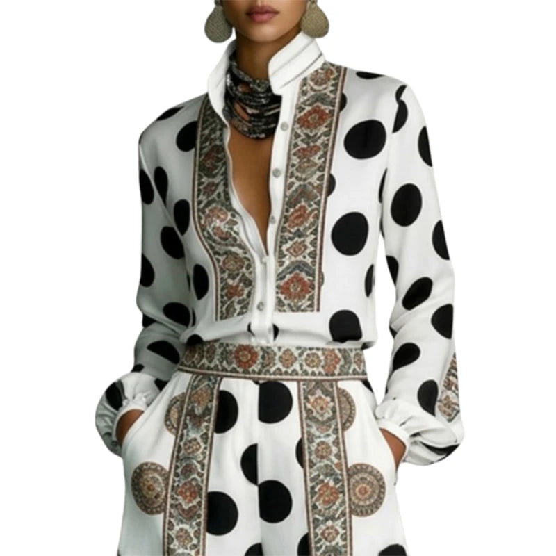 Blouse – Stand Collar – Polyester Fiber – Floral Polka Dot | KIMLUD