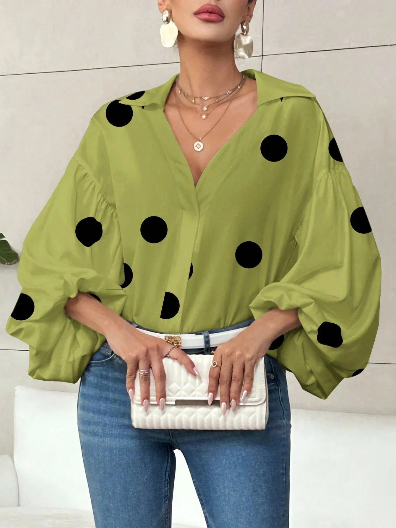 Boho Puff Sleeve Polka Dot Blouse — White | KIMLUD