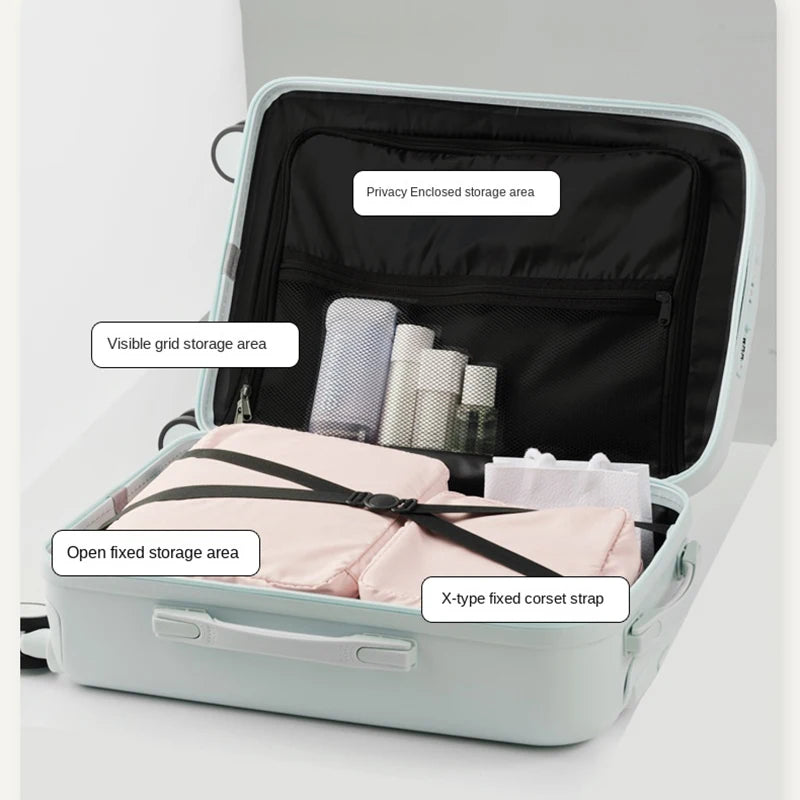 New Suitcase Front Opening Luggage with USB Cup Holder Girl Travel Wheeled Suitcases 18 20 26 Inch Suitcase Trip Cabin Carry-on