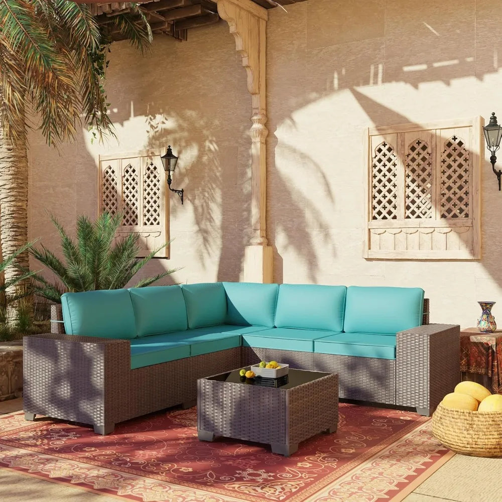 PE Rattan Wicker Outdoor Set Sectional Coffee Table — Turquoise Blue | KIMLUD