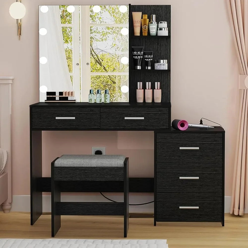 Large Vanity Desk with Mirror & 10 LED Lights, Makeup Vanity Dressing Table with Power Strip, Storage Shelves & 5 Drawers