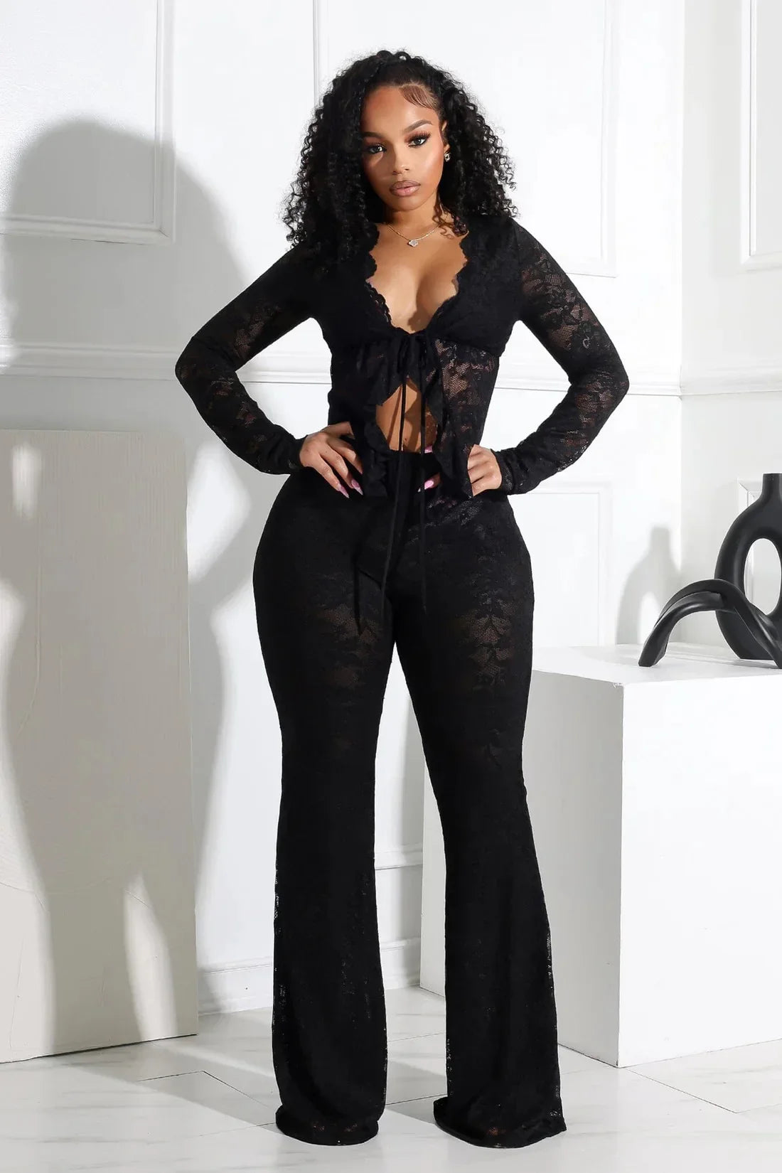 2026 Women's Set Long Sleeve Lace See Through Shirt + Long Pants Street Evening Sexy Two 2Piece Sets Outfits Tracksuit