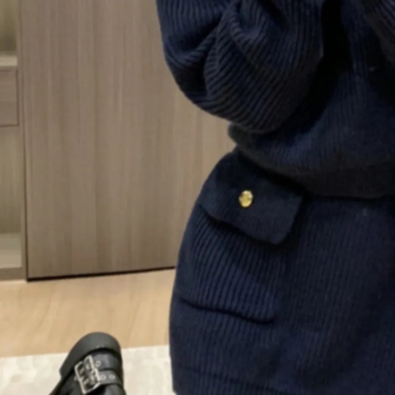 KIMLUD, Navy Blue Dress Sets for Women Long Sleeve Tops Knitted Mini Skirts Pockets Fashion Autumn Winter High Street Ins Korean Style, KIMLUD Womens Clothes