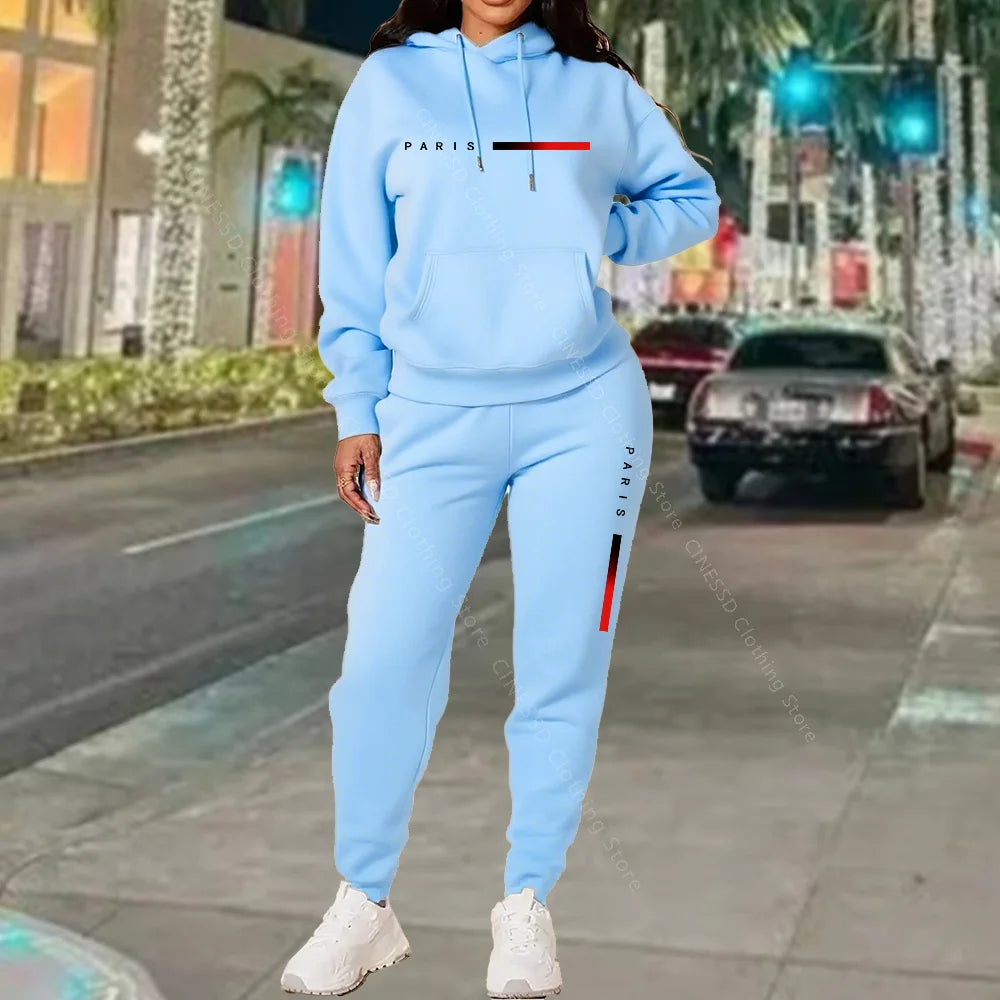Paris Letter Print Hoodie and Pants Set — Cream | KIMLUD