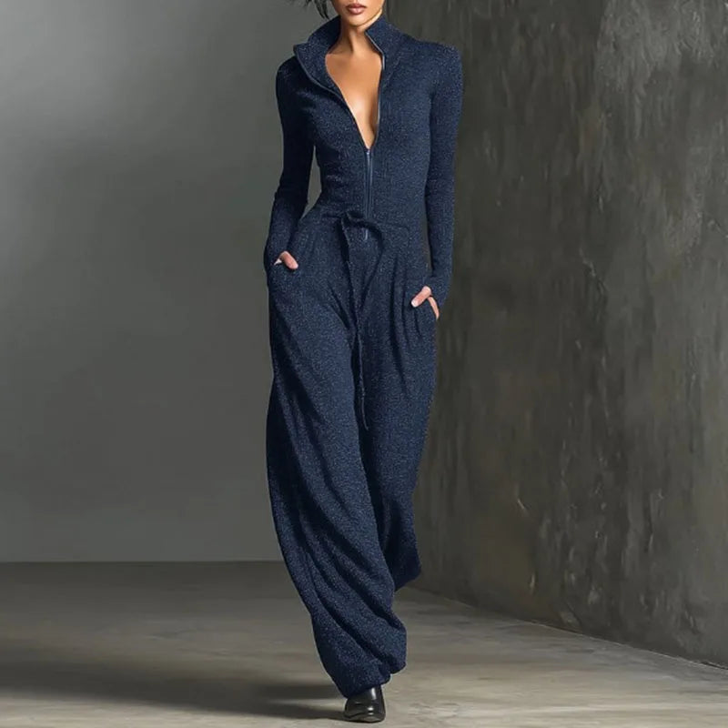 Slim Straight Jumpsuit V Neck Zip Long Sleeve High Waist Pocket — Black | KIMLUD
