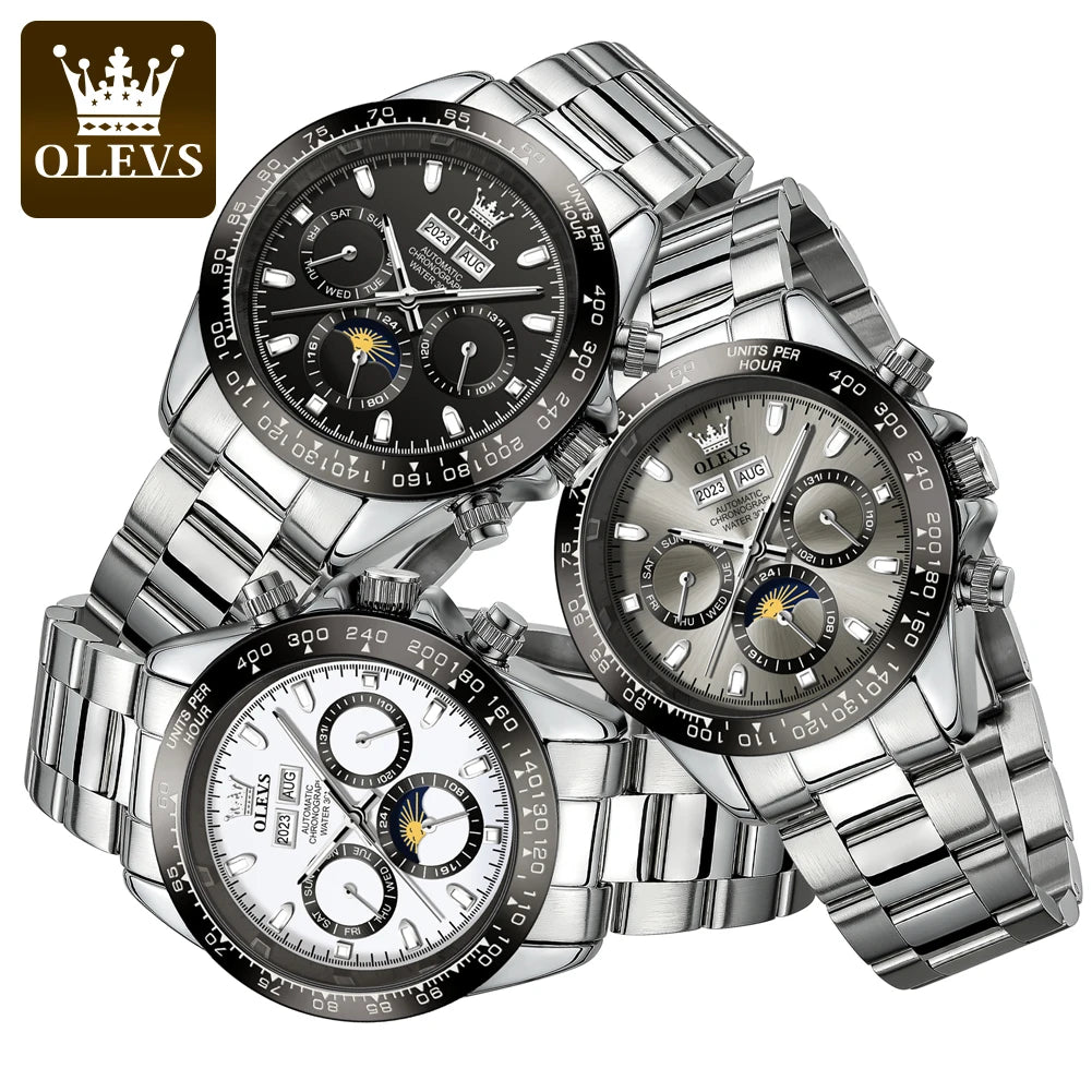 OLEVS 6654 Automatic Watches Waterproof Stainless Steel Luminous Moon Phase Dual Calendar Luxury Brand Mechanical Watch for Men