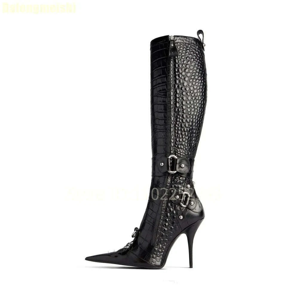 2025-new-stiletto-high-heels-crocodile-pattern-boots-fashion-b-button-motorcycle-pointed-toe-boots-womens-black-knee-high-bootskimlud-womens-fashion-34628935