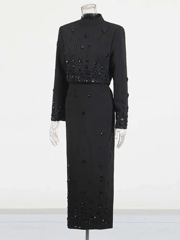 KIMLUD, TWOTWINSTYLE Solid Spliced Diamonds Two Piece Set For Women Stand Collar Long Sleeve Tops High Waist A Line Skirt Set Female New, KIMLUD Womens Clothes