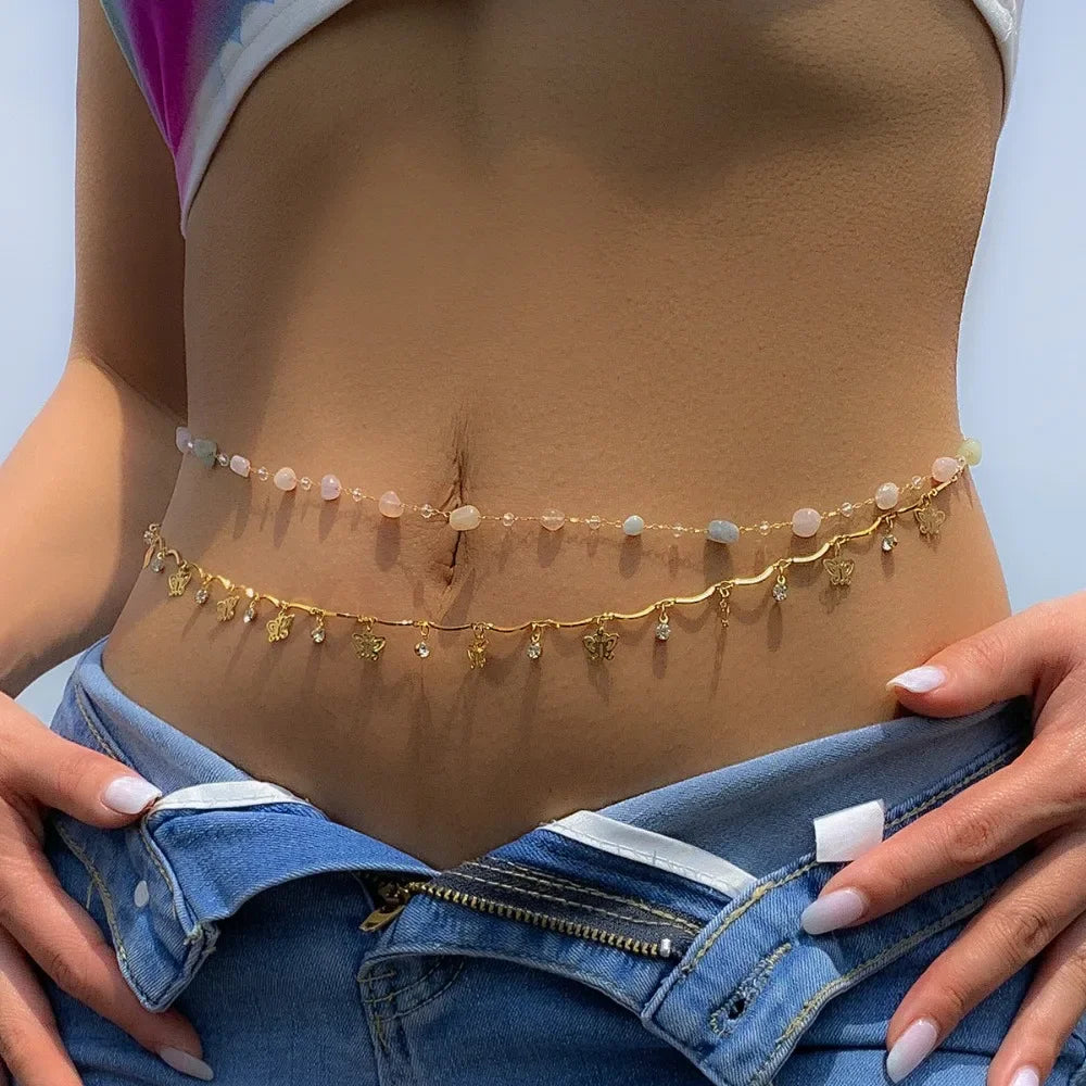 Gold-Tone Double-Layer Crystal Bead Waist Chain — Pastel Multicolor | KIMLUD