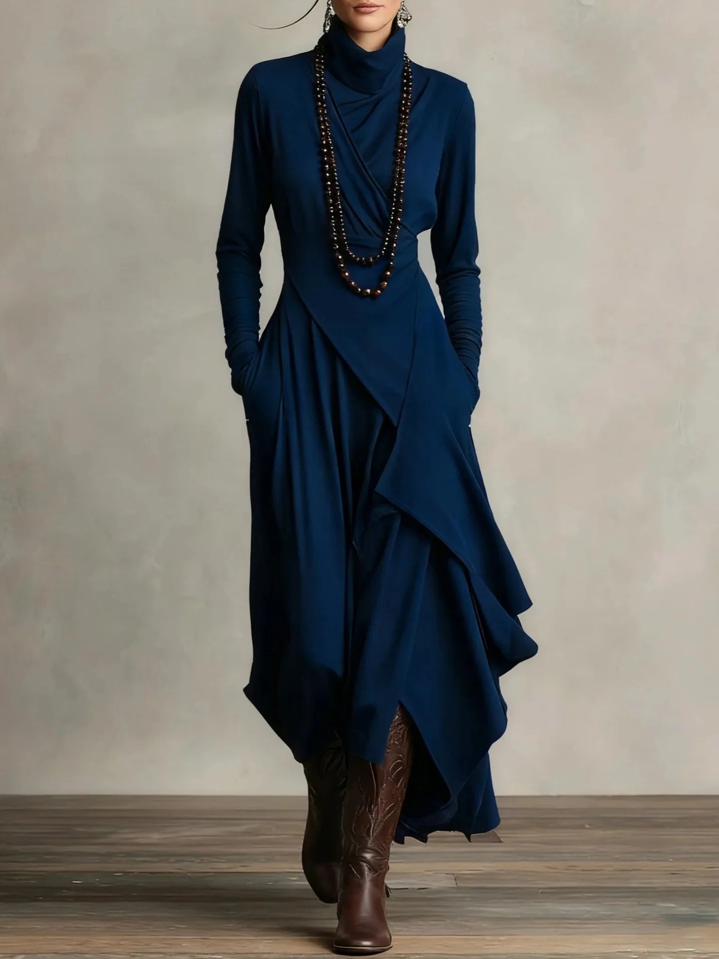 Vintage Irregular Cross Dress for Women Long Sleeve Solid Turtleneck Simple Fashion Casual Spring Holiday Long Dresses