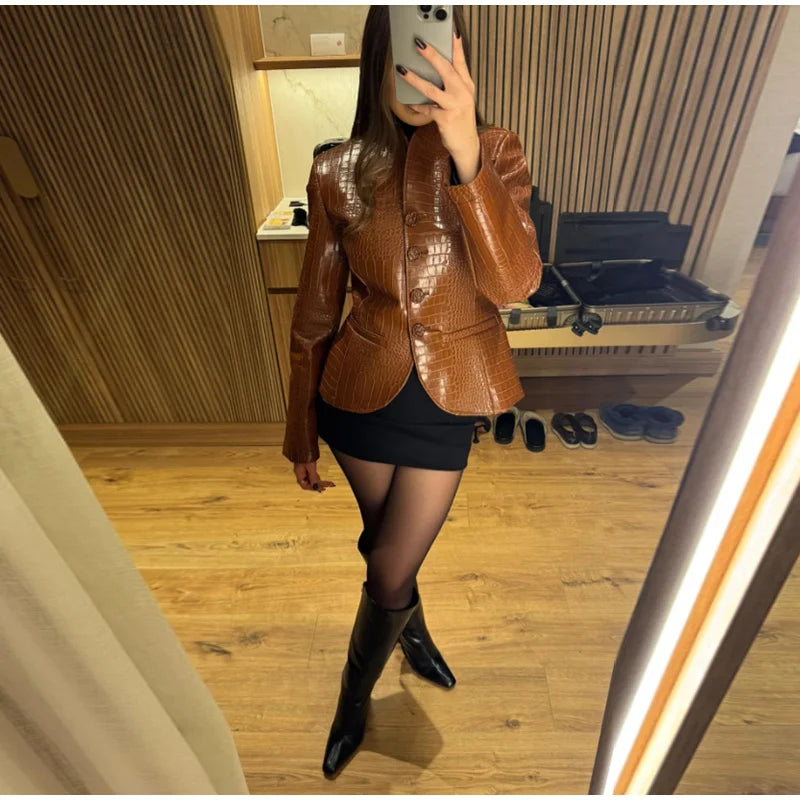 Faux Leather Jacket – Stand Collar Open Front – Slim Fit – Polyester | KIMLUD