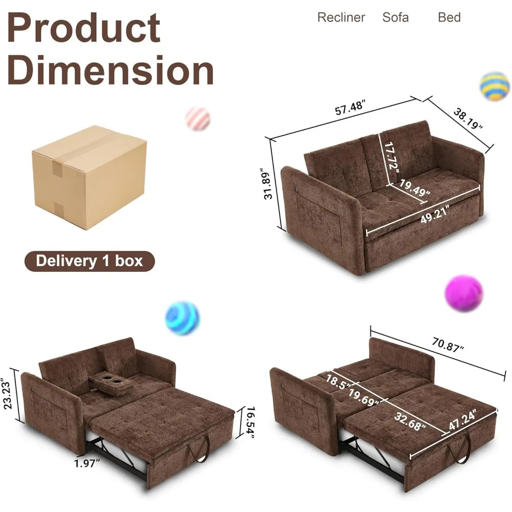 Fabric Upholstery Convertible Sofa Bed With Pull-Out Sleeper, Cup Holders And USB Ports — Brown | KIMLUD