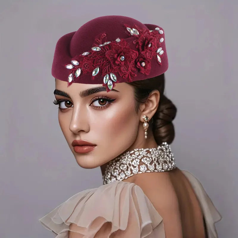 Beret Hat – Flower Embellishment – Polyester – Red and White | KIMLUD
