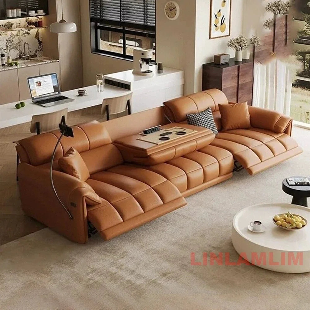 Italian Genuine Leather Electric Reclining Sofa With Adjustable Footrest USB And Foldable Center Console — Caramel Tan | KIMLUD