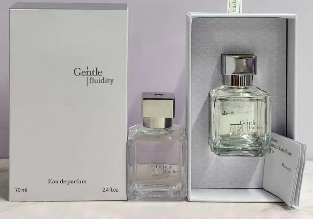 A 70ml perfume bottle with a silver cap shown next to its white packaging box and an open presentation box containing the same bottle. Chinese text is overlaid at the top of the image.
