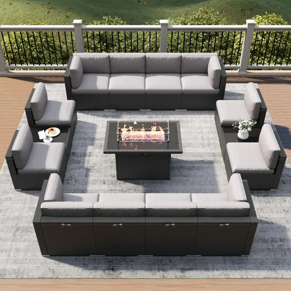 15-Piece Outdoor Patio Furniture Set with Fire Pit Table, Rattan Wicker Sectional Sofa with Coffee Table