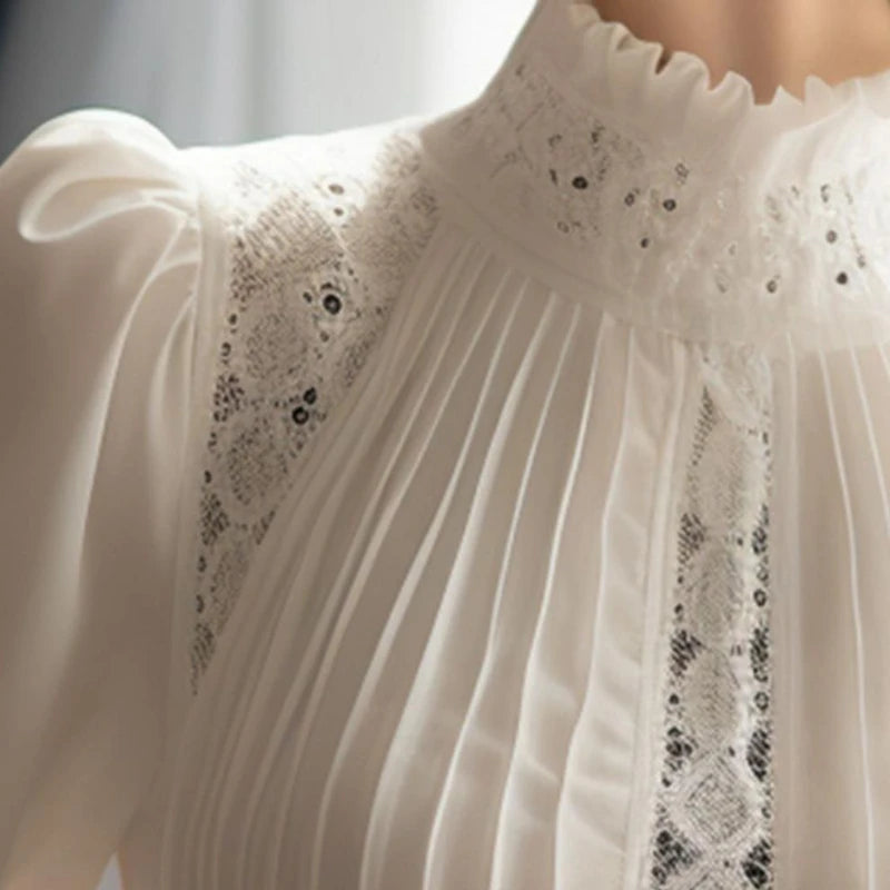 Blouse – Lace Hollow Out Patchwork – Long Sleeve – Solid Color | KIMLUD