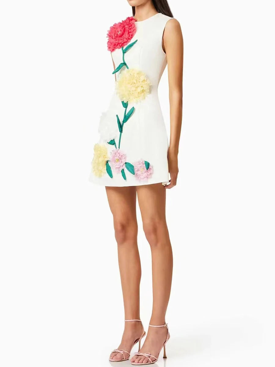 TWOTWINSTYLE hit color spliced appliques slimming dresses for women o neck sleeveless high waist temperament mini dress female
