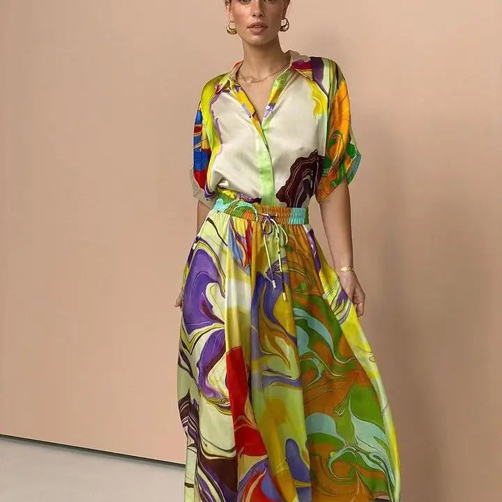 KIMLUD, Fashionable Summer Silk Printed Women Set Dress Loose Short Sleeves Shirt Top +skirt Waist 2 Piece Sets Elegant Ladies Suit, KIMLUD Womens Clothes