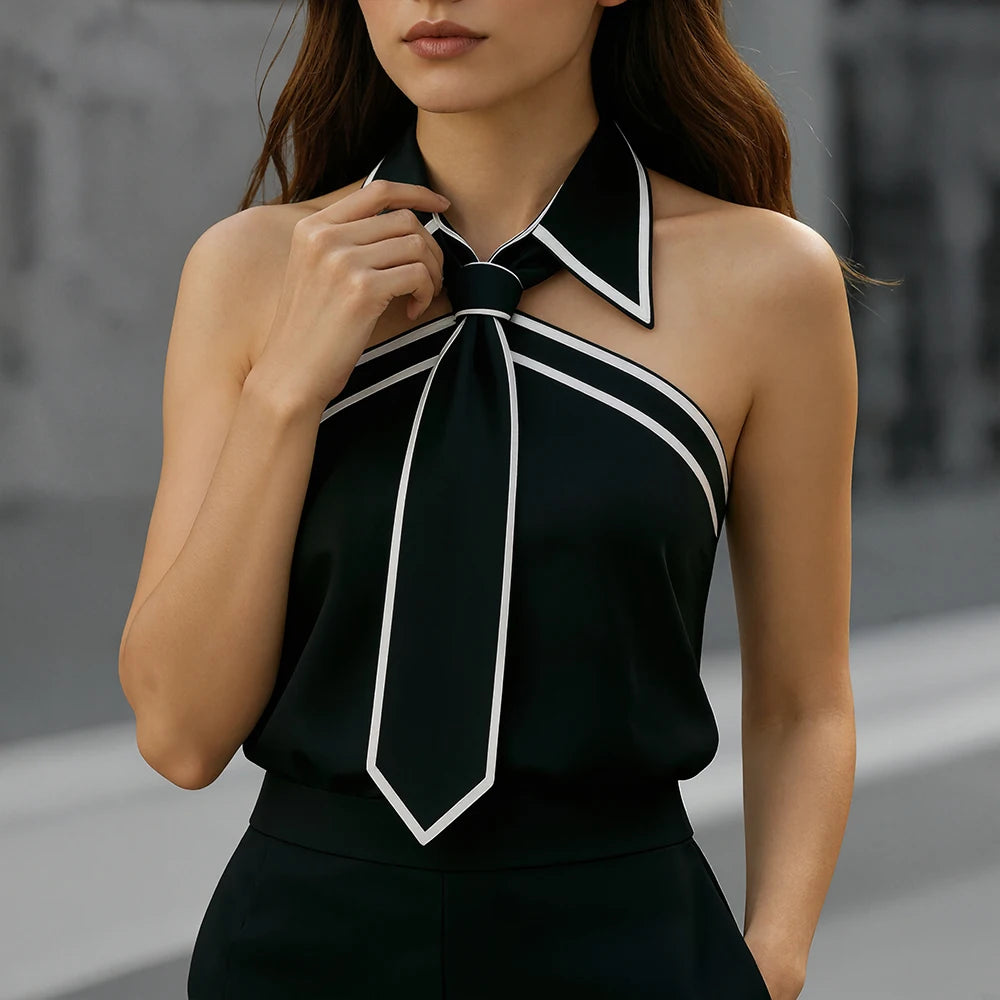 Women's Tank Tops Halter Tie Neck Contrast Binding Blouse Office Lady Summer Casual Streetwear Tank for Women's