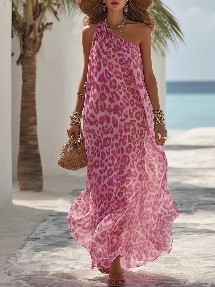 Maxi Dress – Leopard Print – Polyester – Pink | KIMLUD