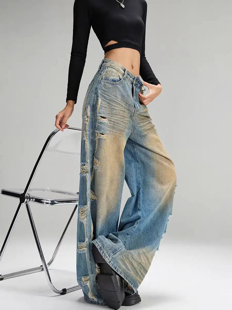 Jeans Ripped Tassel Wide Leg Denim — Blue | KIMLUD